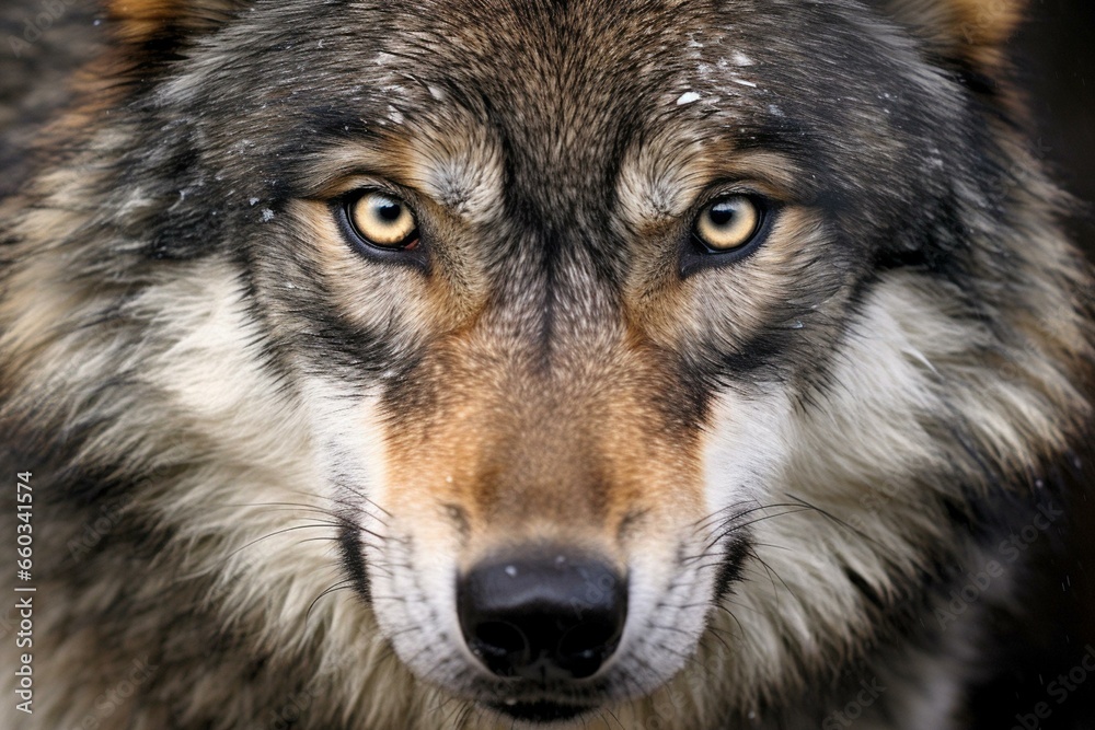 Close-up of a majestic wolf's face, highlighting its beauty, strength, and power in nature. Generative AI