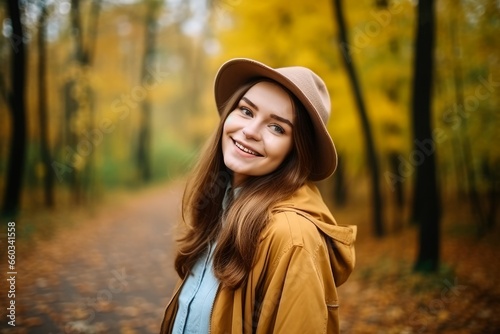 Girl autumn park. Beautiful girl with hat posing in fall season. Generate ai