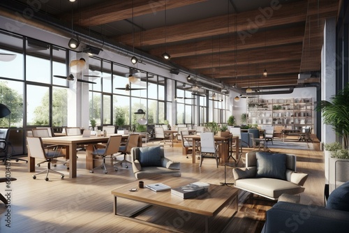 Modern coworking space with open layout  natural light  and urban vistas. Digitally created visual. Generative AI