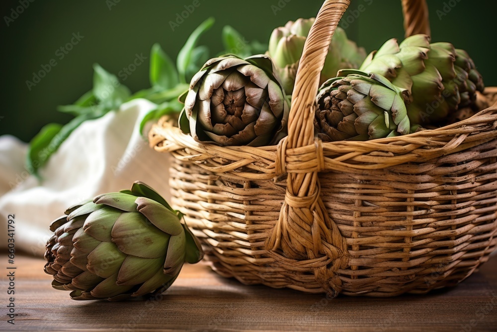 artichokes in a rustic wicker basket on a table artichokes in a rustic wicker basket on a table