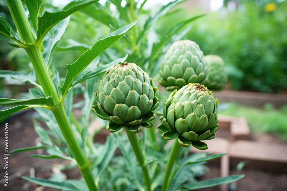 Fototapeta premium ripe artichokes amidst green artichoke plants in a garden