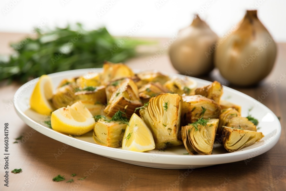 roasted artichoke hearts served on a white ceramic plate roasted artichoke hearts served on a white ceramic plate