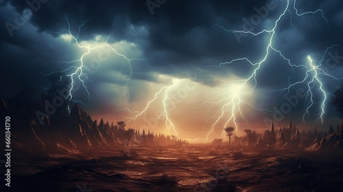 Dramatic Lightning thunderstorm flash over the night sky.AI generated image