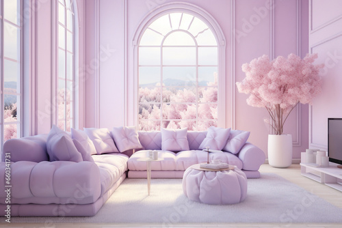 Cozy glamour living room with pink colors and sofa with pillows. Modern interior design