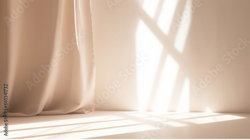Minimalistic abstract gentle light beige background for product presentation with light and shadow of window curtains on wall