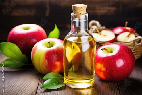a glass bottle of organic apple cider vinegar next to apples
