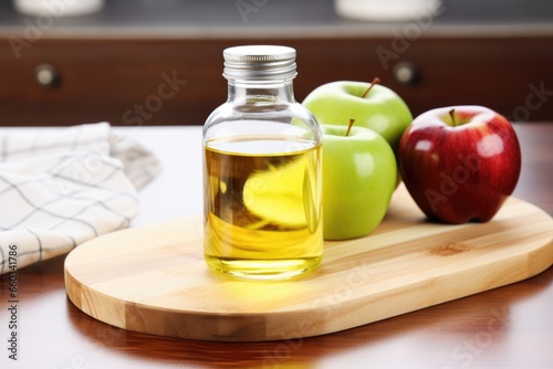a mason jar filled with apple cider vinegar on a kitchen counter