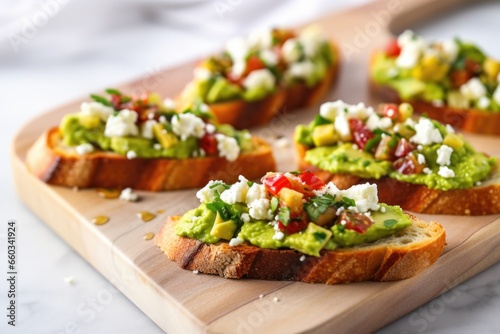 avocado bruschetta with feta cheese on a marble platter