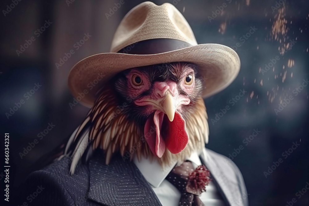Rooster gentleman in a suit, tie, hat and glasses on a black background. AI generated.