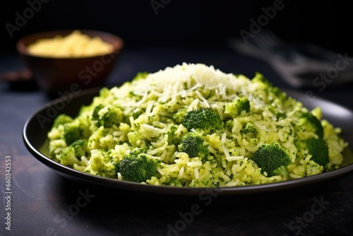 broccoli rice against dark background with spotlight