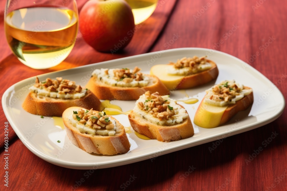 bruschetta featuring apple slices and gorgonzola sprinkles against a yellow cloth background