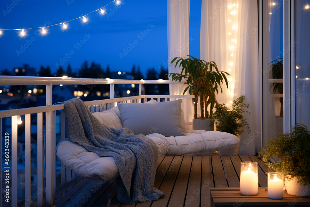 Obraz premium Cozy minimalistic balcony design. Blue and white colors