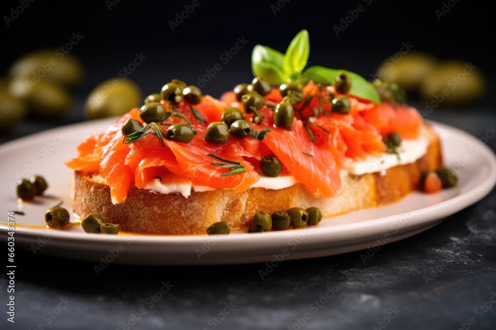 close-up of a single piece of bruschetta with capers and tomato