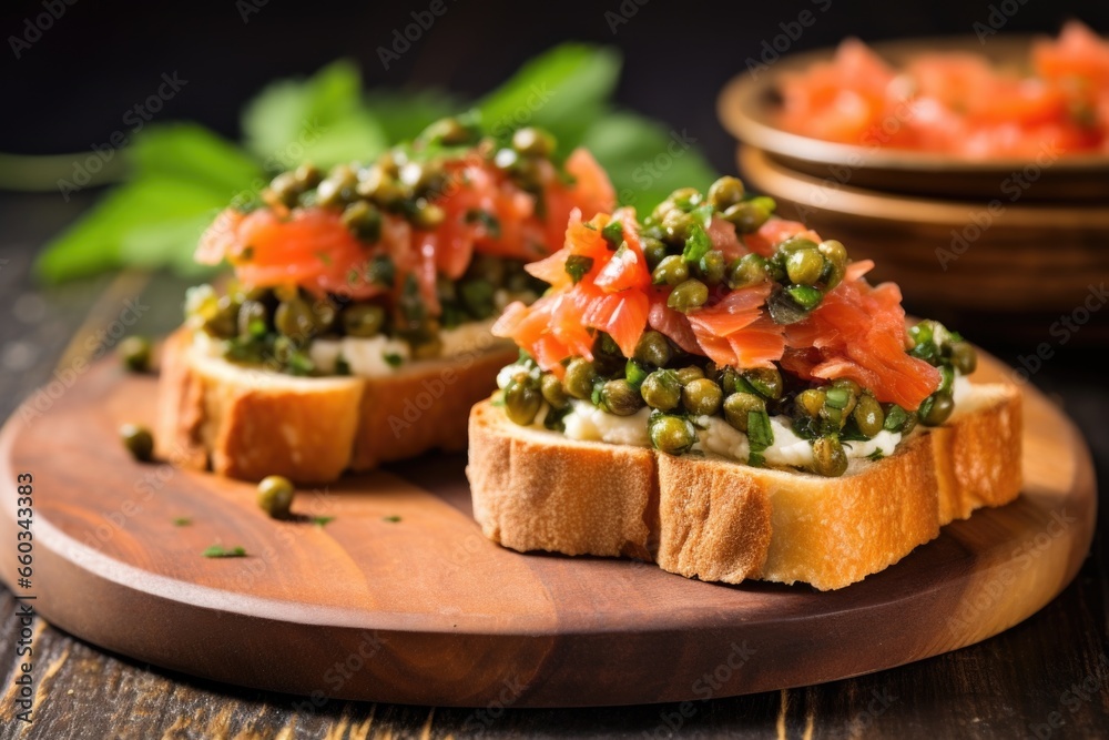 stacked bruschetta with capers on rustic wooden board stacked bruschetta with capers on rustic wooden board