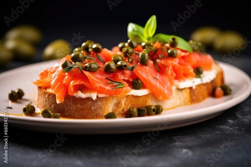close-up of a single piece of bruschetta with capers and tomato