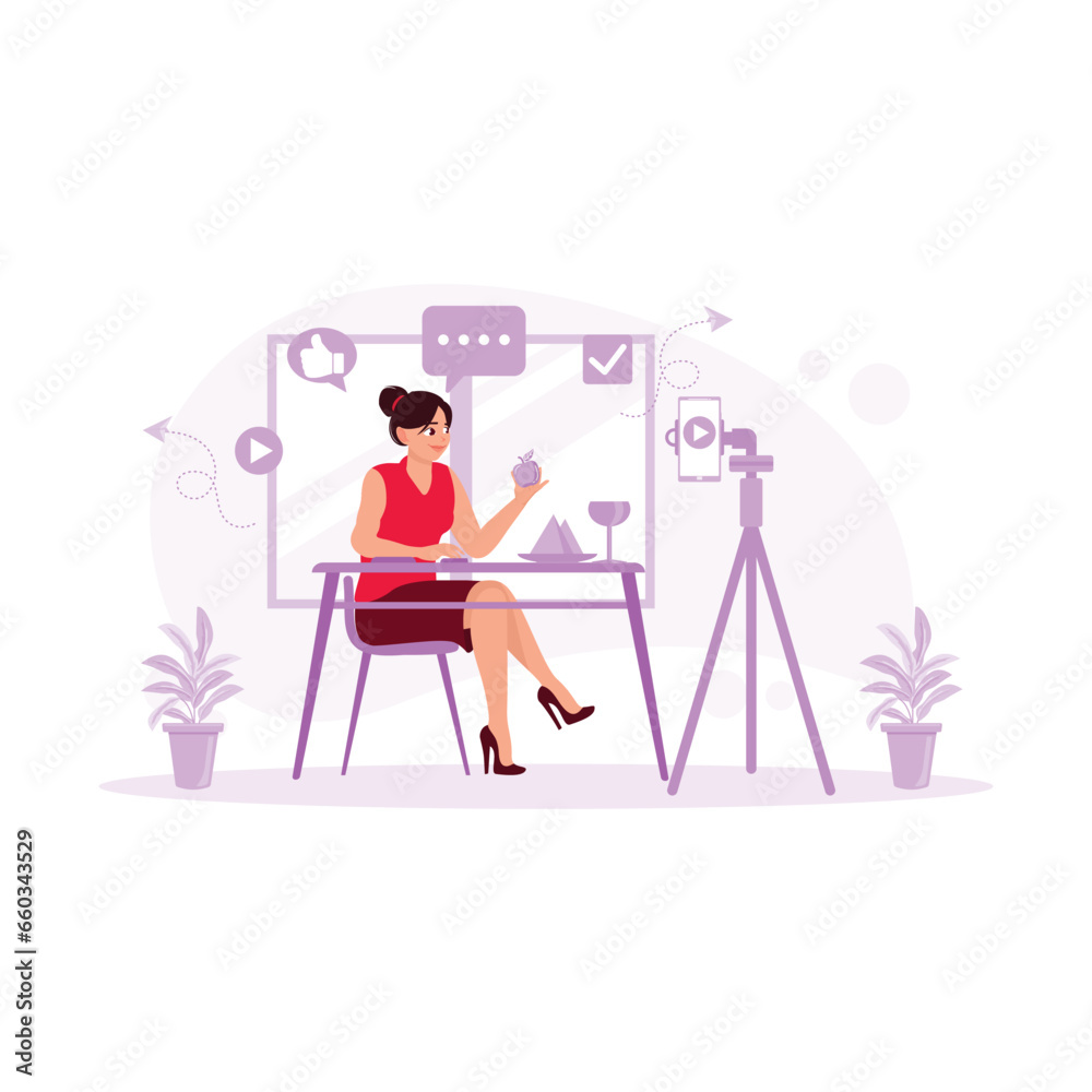 Young female blogger using a mobile phone to record fruit and healthy food. Blogger concept. trend modern vector flat illustration Young female blogger using a mobile phone to record fruit and healthy food. Blogger concept. trend modern vector flat illustration