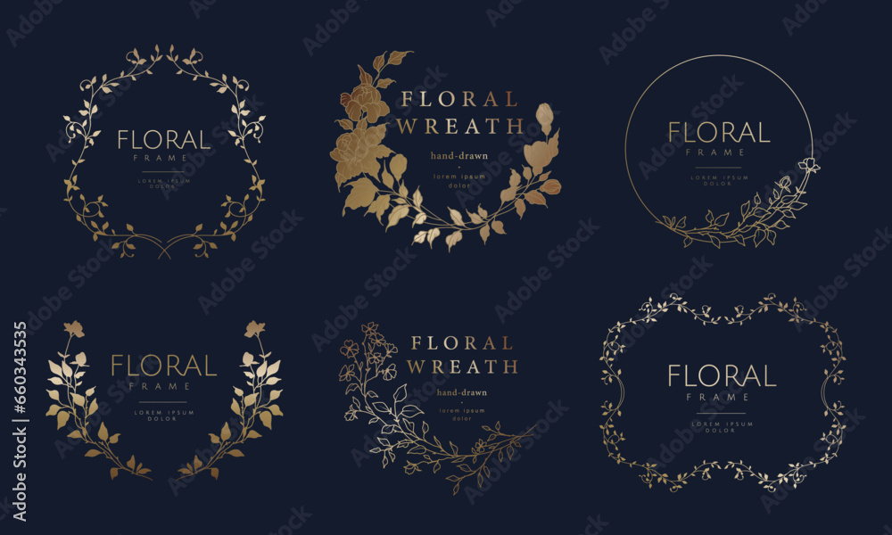 Luxury hand drawn floral frames. Elegant vintage gold wreath. Vector illustration for label, corporate identity, logo, branding, wedding invitation, greeting card, save the date