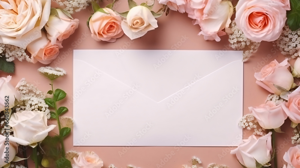 Envelop with white card and rose background. Top view