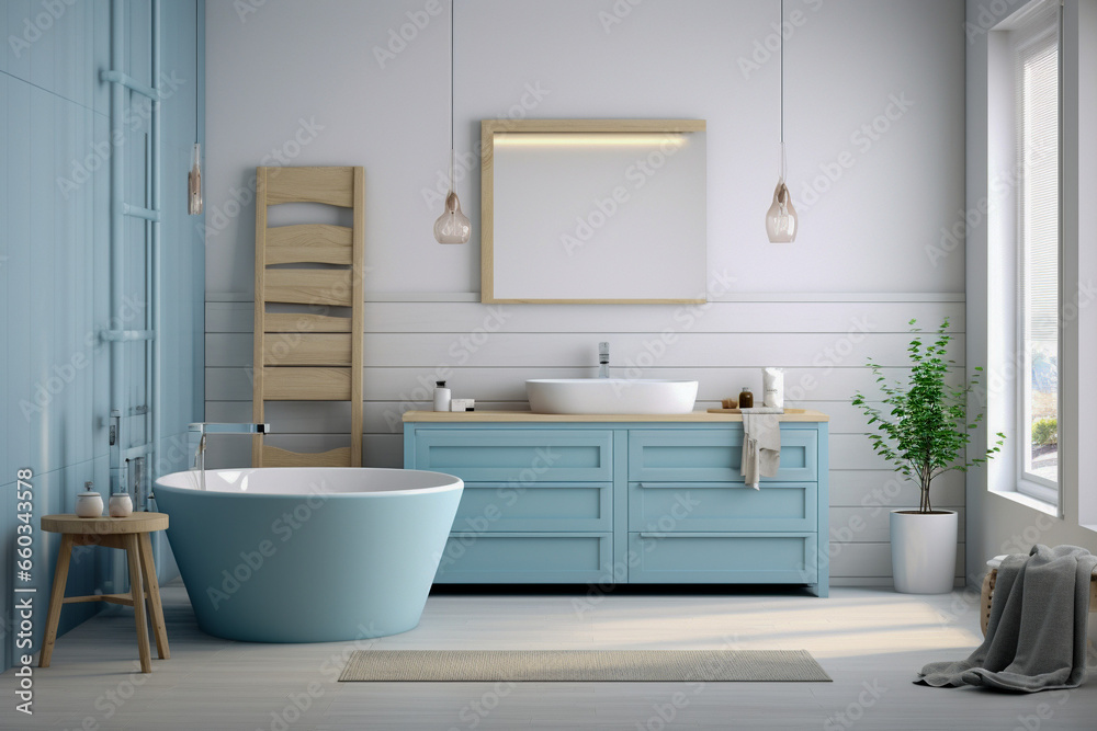 Minimalistic cozy bathroom with wooden texture. Blue and white pastel colors, modern interior design Minimalistic cozy bathroom with wooden texture. Blue and white pastel colors, modern interior design