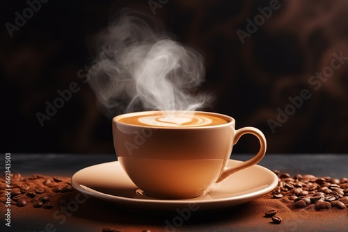 Coffee cup with latte art and steam over a cup on a wooden tabletop.
