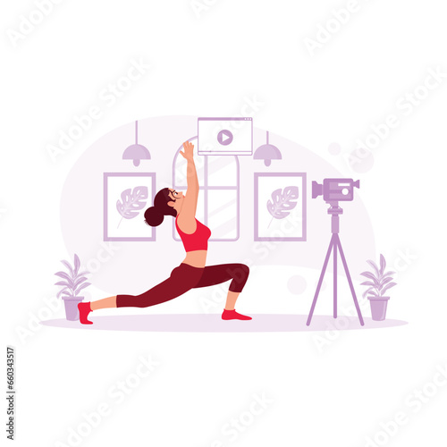 Athletic woman blogger in sportswear recording video while exercising at home. Fitness vloggers live broadcast of training sessions. Blogger concept. trend modern vector flat illustration