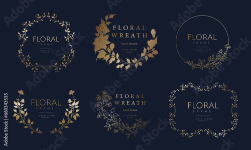 Luxury hand drawn floral frames. Elegant vintage gold wreath. Vector illustration for label, corporate identity, logo, branding, wedding invitation, greeting card, save the date