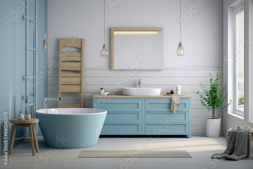 Minimalistic cozy bathroom with wooden texture. Blue and white pastel colors  modern interior design