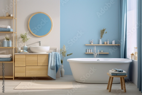 Minimalistic cozy bathroom with wooden texture. Blue and white pastel colors  modern interior design