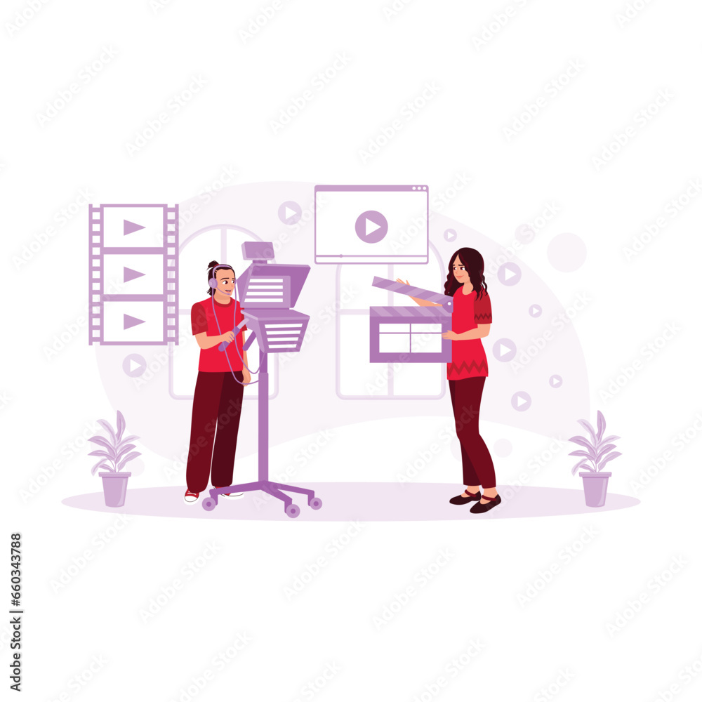 On a film studio set, a Camera assistant holding a Clapperboard film crew team. Close-up shot. Film Production Concept. trend modern vector flat illustration On a film studio set, a Camera assistant holding a Clapperboard film crew team. Close-up shot. Film Production Concept. trend modern vector flat illustration
