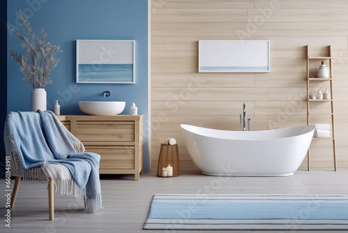 Minimalistic cozy bathroom with wooden texture. Blue and white pastel colors  modern interior design