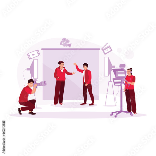Behind-the-scenes shot of a virtual production stage by a film crew team on a giant LED screen. Film Production Concept. trend modern vector flat illustration