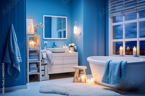 Minimalistic cozy bathroom with wooden texture. Blue and white pastel colors  modern interior design