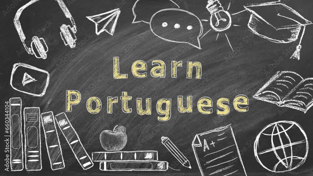 Lettering LEARN PORTUGUESE on blackboard. Translation related and