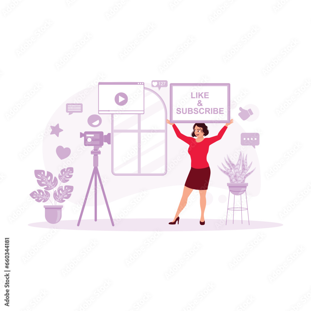 Female vlogger recording video with a professional camera inside the home. Recording videos for his channel. Content Creator concept. Trend Modern vector flat illustration