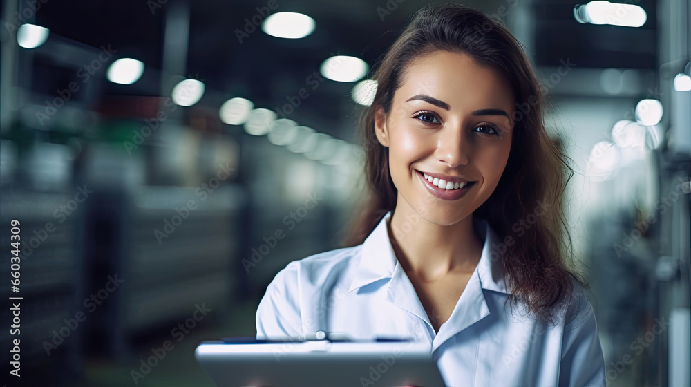 a Positive smiling female technologist holding checklist inside the food processing factory. Industrial food. Generative Ai a Positive smiling female technologist holding checklist inside the food processing factory. Industrial food. Generative Ai