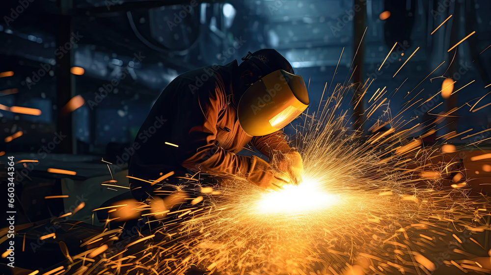 a Worker cutting metal with many sharp sparks in the factory. Industrial metal. Generative Ai a Worker cutting metal with many sharp sparks in the factory. Industrial metal. Generative Ai