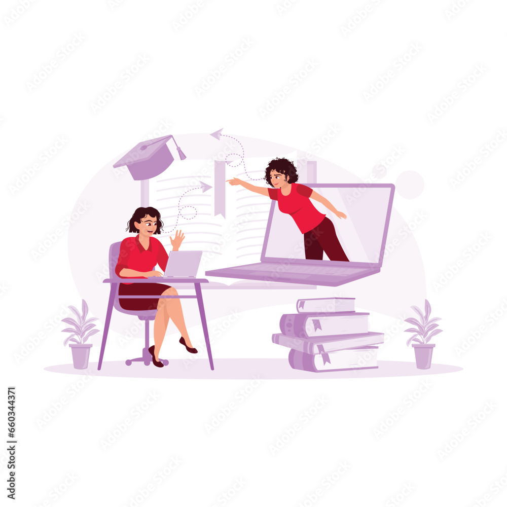 A young female student made a video call with a lecturer using a laptop. Virtual Relationships concept. Trend Modern vector flat illustration