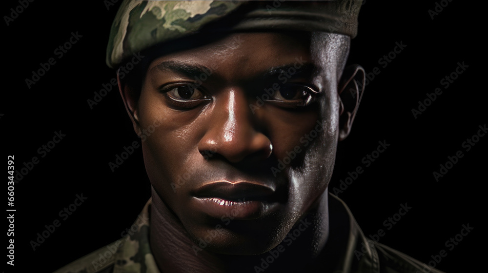 African man wearing camouflage uniform. Portrait of Black Soldier. Generative Ai African man wearing camouflage uniform. Portrait of Black Soldier. Generative Ai