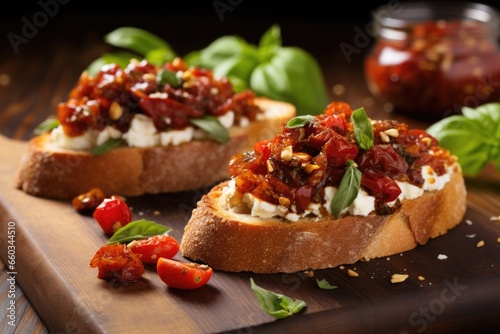 bruschetta with goat cheese and sun-dried tomatoes on a rustic tabletop