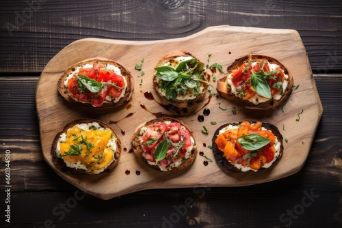 photo from above of several goat cheese bruschettas on a wooden table