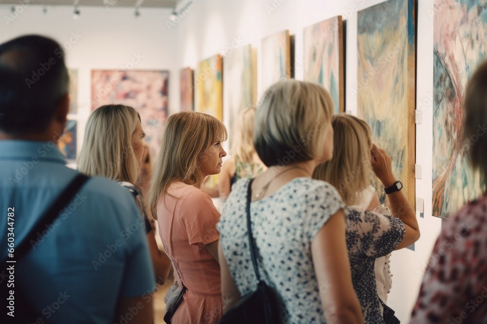 Group people gallery. Tourists visiting museum exhibition wall. Generate ai Group people gallery. Tourists visiting museum exhibition wall. Generate ai