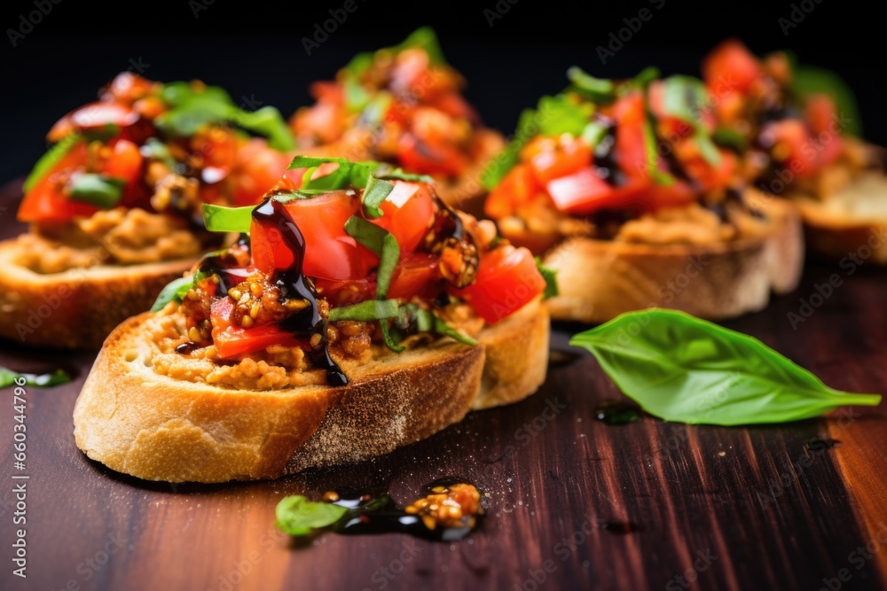 a shot of a perfectly toasted bruschetta topped with hummus