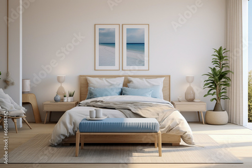 Modern cozy bedroom with blue, beige colors and wooden texture.  © Anna