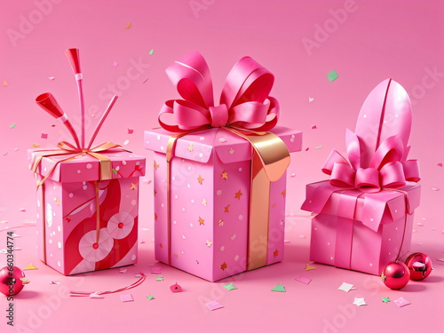 Christmas gift boxes. realistic 3d pink gifts boxes, pink background, celebration, bithday gifts