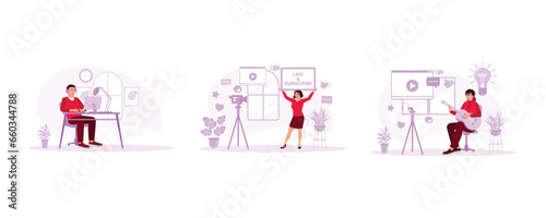 Create conversational content with a microphone in the studio. A beautiful woman recording a video for her channel. Content singing with guitar using a smartphone. Content Creator concept. 