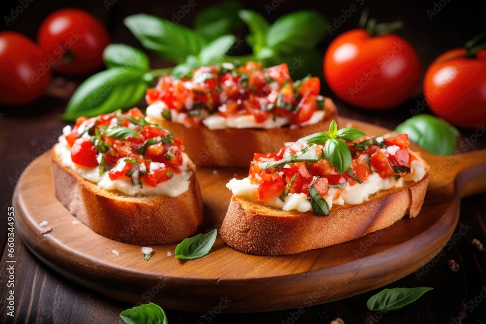 freshly-baked bruschetta with mozzarella and finely chopped basil