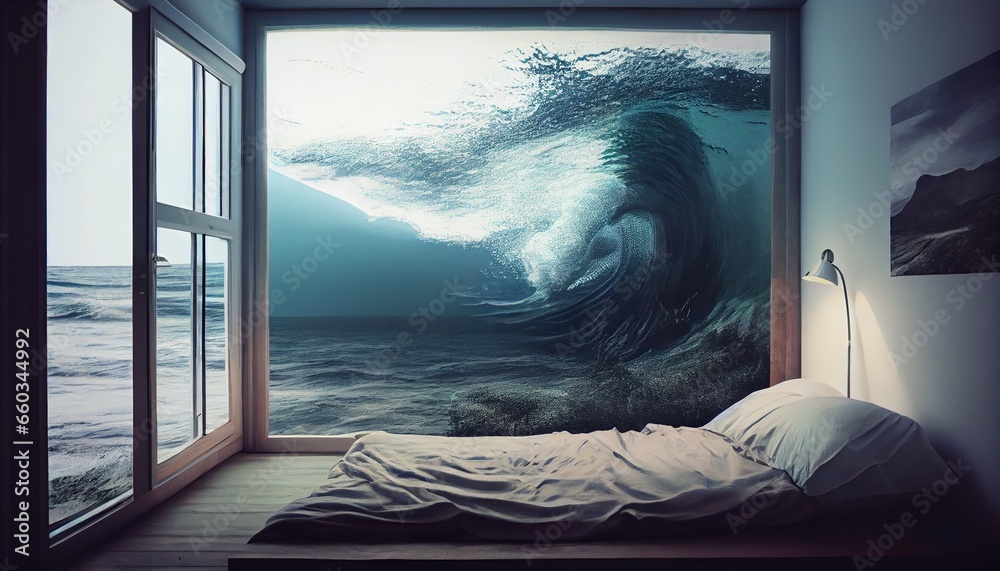 bedroom melting into the ocean. Generative in ai