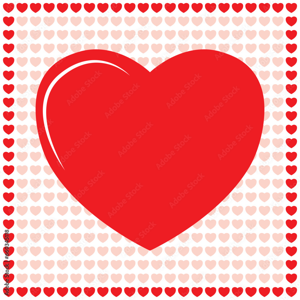 Big red heart on small pink hearts background and frame. Vector greeting card. Love concept. Big red heart on small pink hearts background and frame. Vector greeting card. Love concept.