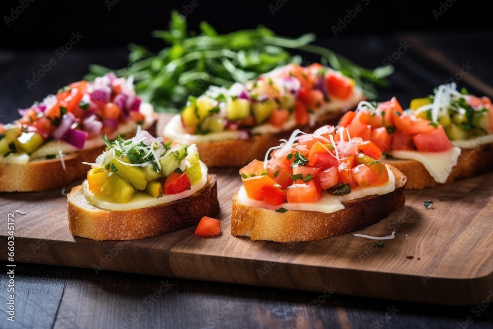 four cheesy bruschettas with mixed pickled vegetables