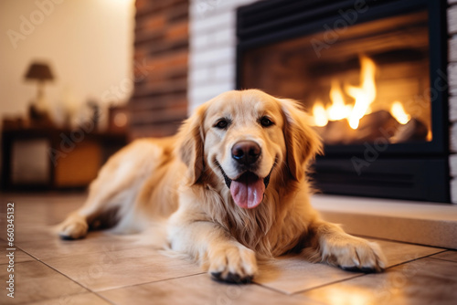 Adorable Golden Retriever dog on floor near electric fireplace indoors